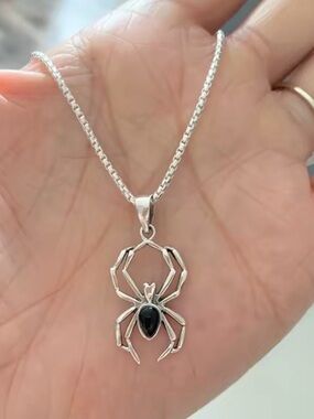 Spider Necklace Black Gemstone Goth Pendant Hypoallergenic Stainless Steel